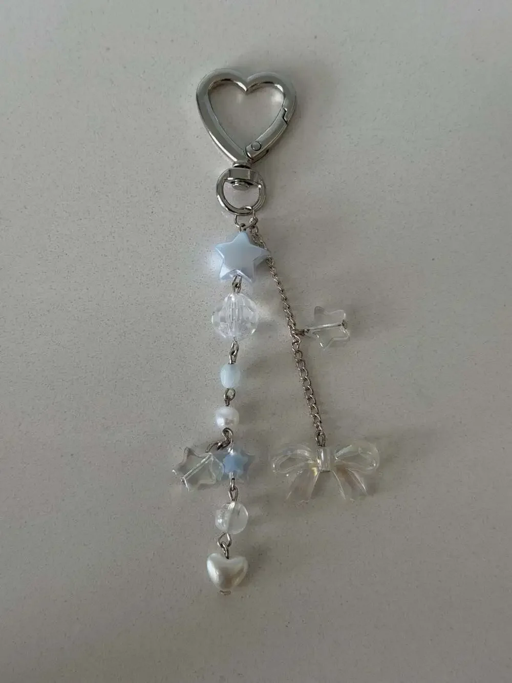Y2K Aesthetic Beaded Star, Pearl, and Bow Keychain bag Charm with Heart Clasp